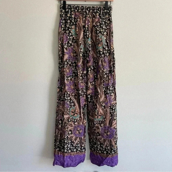 Warm Pickford Wide Leg Pants Boho Floral Paisely Black Purple Tan 100% Cotton 0 - Picture 4 of 12